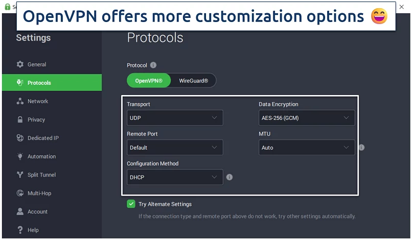 Screenshot of the PIA app showing some of the available customization options