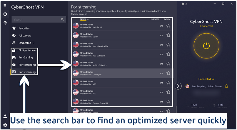 Screenshot of the CyberGhost app interface showing streaming servers