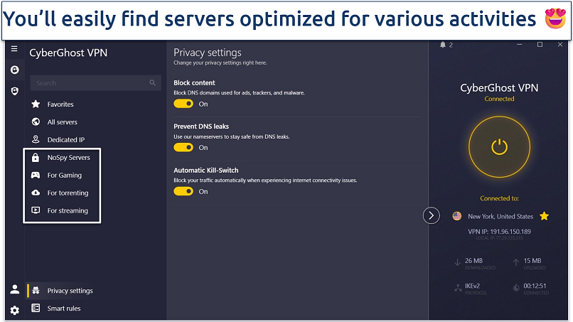 A screenshot of the CyberGhost Windows app showing its dedicated servers