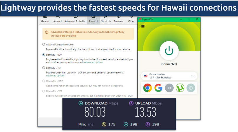 A screenshot of the ExpressVPN Windows app showing speed test results while connected to the Lightway protocol