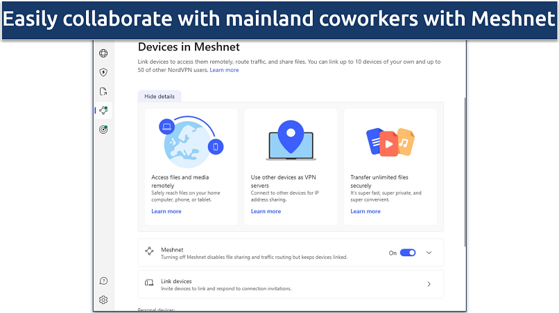 A screenshot of the NordVPN app showing the Meshnet feature