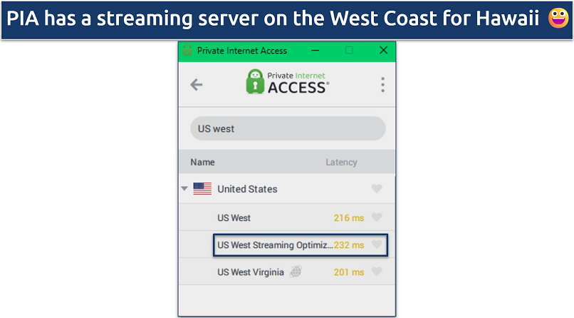 A screenshot of the PIA app showing its US West streaming-optimized servers