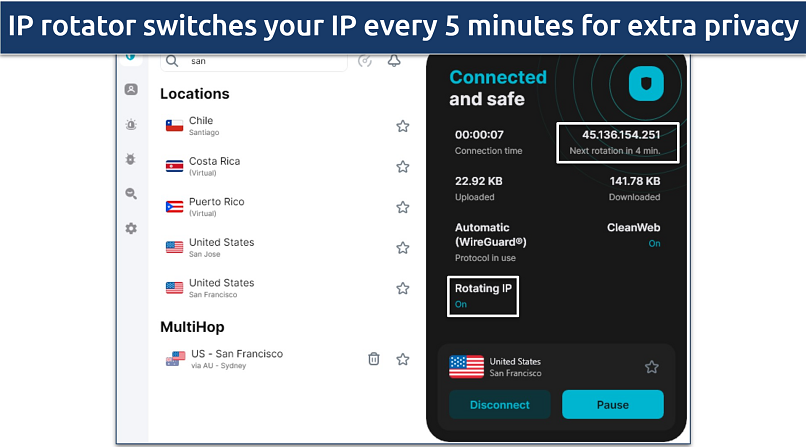 A screenshot of the Surfshark app with IP Rotator enabled