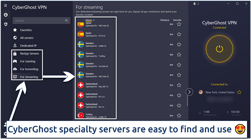 Screenshot of the CyberGhost app interface showing streaming and specialty servers