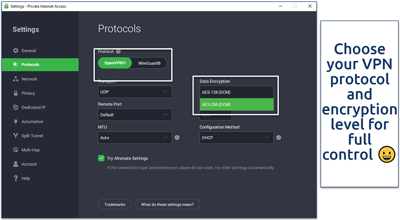 Private Internet Access app showing protocol and encryption settings with OpenVPN and AES-256 selected