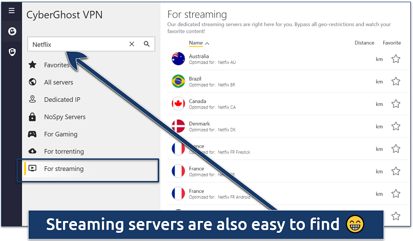 CyberGhost app interface showing streaming-optimized servers for Netflix
