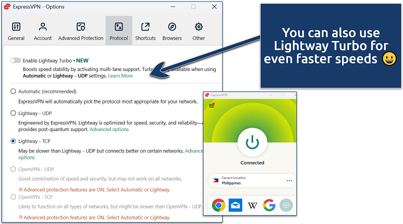 ExpressVPN settings showing Lightway protocol options and a successful connection to a Philippines server