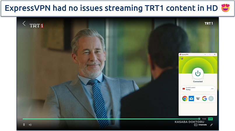 Screenshots showing a TV show playing on TRT1 while connected to the ExpressVPN Turkey server