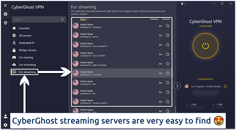 Screenshot of the CyberGhost app interface showing streaming servers