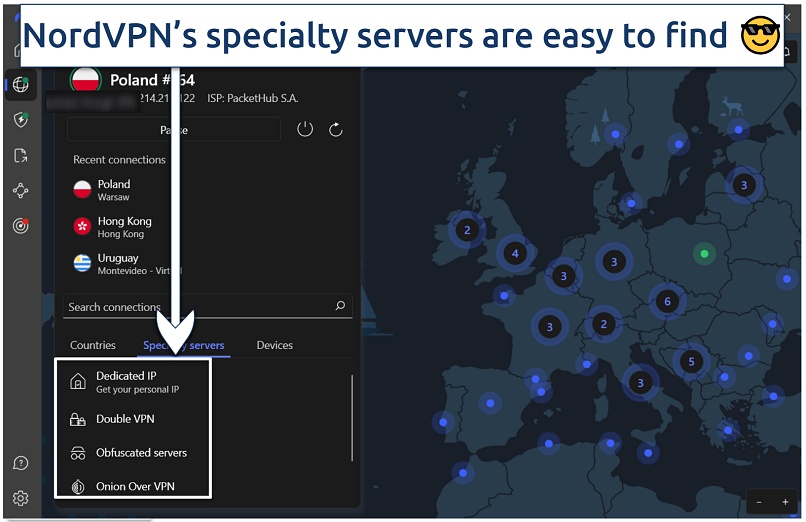 Screenshot of the NordVPN app showing its specialty servers