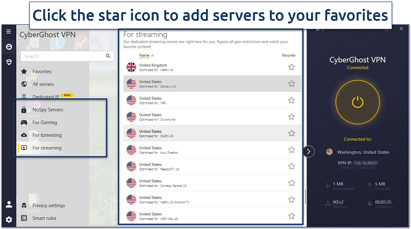Screenshot of CyberGhost's layout showing streaming server selection