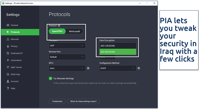 Screenshot of PIA's Protocol Settings screen showing a dropdown menu for 128-bit and 256-bit encryption options