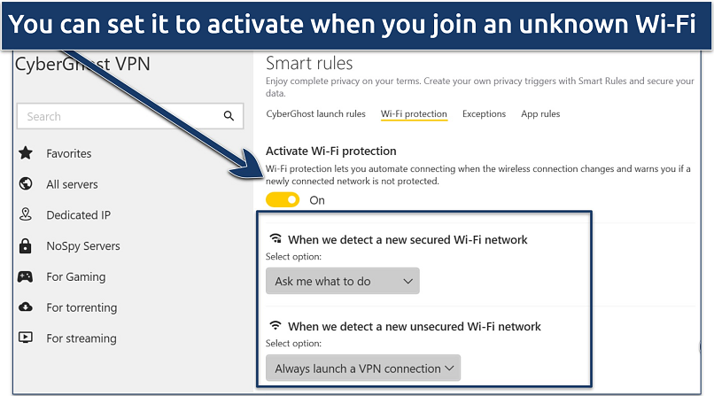 Screenshot of CyberGhost VPN Smart Rules showing Wi-Fi protection settings for secured and unsecured networks