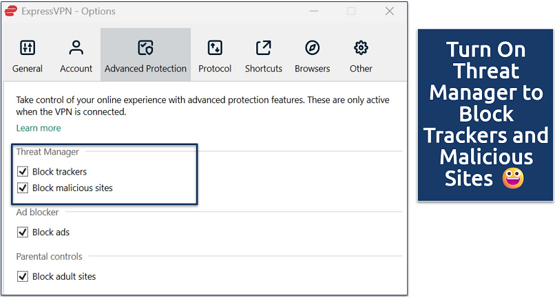 Screenshot of ExpressVPN’s Advanced Protection settings showing Threat Manager, ad blocker, and parental controls enabled