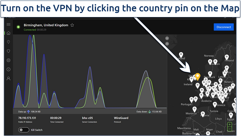 Screenshot showing IPVanish connected to a Birmingham server