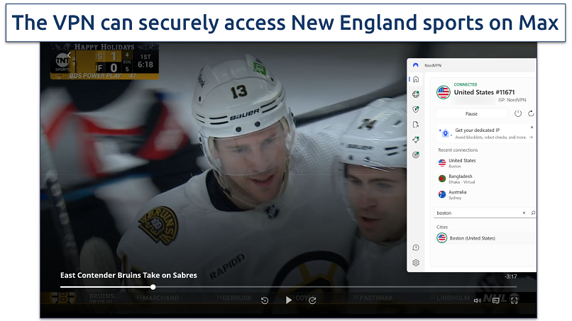 Screenshot of Boston Bruins' highlights streaming on Max while connected to NordVPN's Boston server
