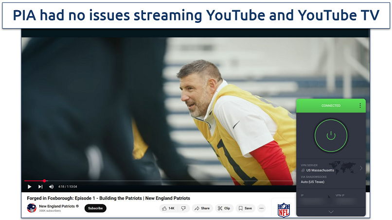 Screenshot of YouTube's New England Patriots channel streaming while connected to PIA's Massachusetts servers