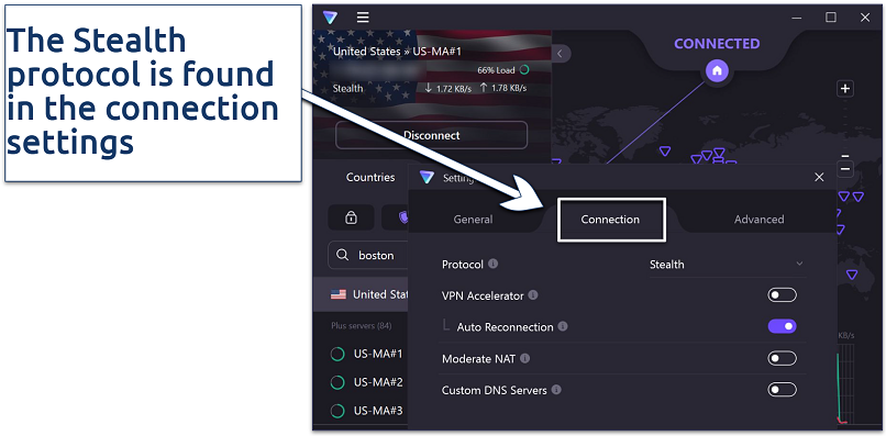 Screenshot of Proton VPN connected to a Massachusetts server with the Stealth protocol engaged
