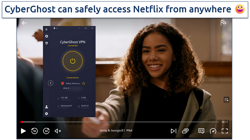 Screenshot of Netflix player streaming Ginny & Georgia while connected to CyberGhost's Morocco server