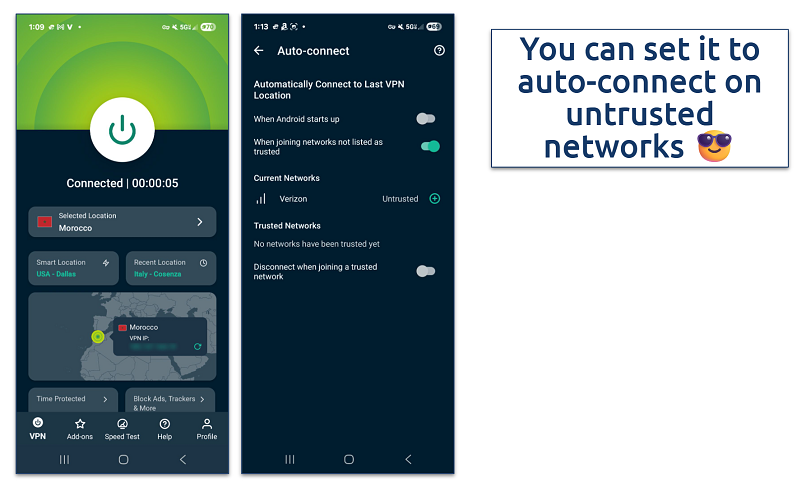 Screenshot of the ExpressVPN Android app highlighting how to set up the auto connect feature