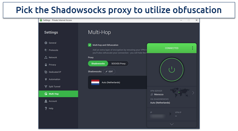 Screenshot of PIA connected to a Morocco server while using the Shadowsocks proxy for obfuscation