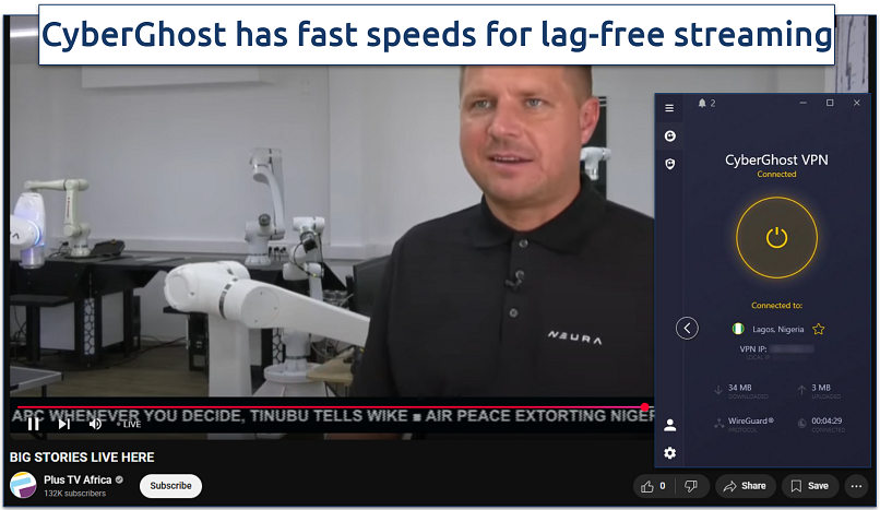 Image of CyberGhost connected to a Nigerian server while streaming Plus TV Africa live.