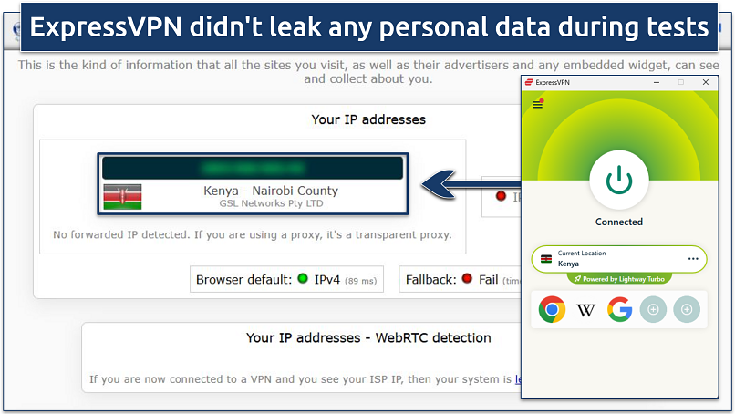 Image of ExpressVPN connected to a Kenyan server, with details of a leak test showing no data leaks.