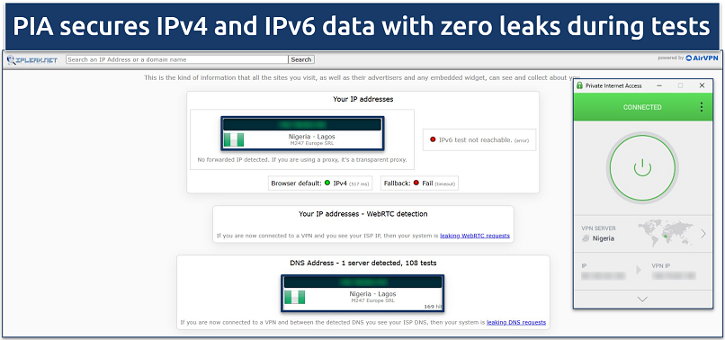 Image of PIA connected to a Nigerian server showing no data leaks during testing.
