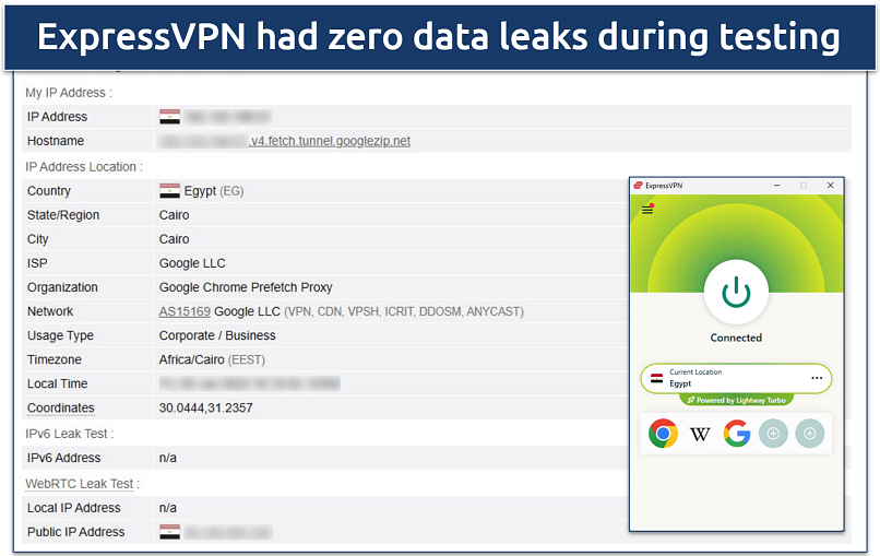 Image of ExpressVPN connected to an Egyptian server, with details of a leak test showing no data leaks.
