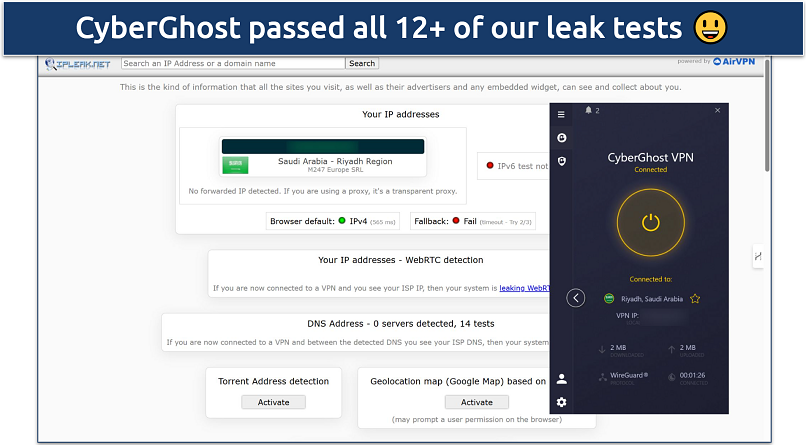 Screenshot of CyberGhost connected to Saudi Arabia while leak tests were performed on ipleak.net