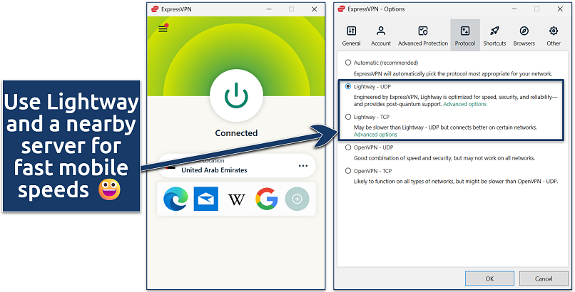 Screenshot of ExpressVPN connected to a United Arab Emirates server highlighting how to switch protocols