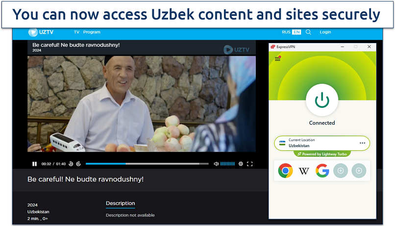 Screenshot of ExpressVPN connected to an Uzbekistan server with UZTV streaming in a web browser