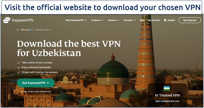 Screenshot of ExpressVPN's website showing where to click to get the VPN