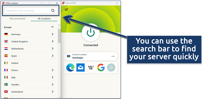 Screenshot of the ExpressVPN app connected to an Azerbaijan server