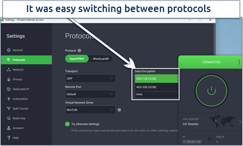 Screenshot showing PIA encryption settings with AES options under the OpenVPN protocol
