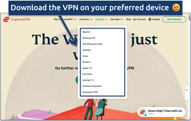 Screenshots of the ExpressVPN website homepage with its supported devices