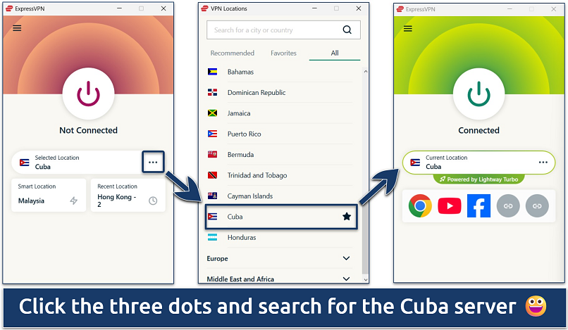 Screenshots of the ExpressVPN Windows app showing the process of connecting to a Cuba server