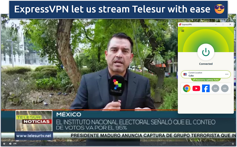 Screenshots of streaming news on Telesur while connected to ExpressVPN's Cuba server