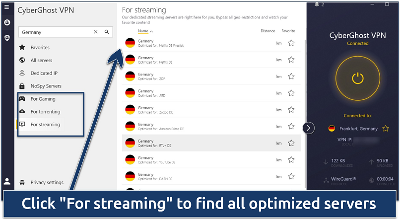 Screenshot of CyberGhost VPN connected to Frankfurt with Germany-optimized streaming servers displayed