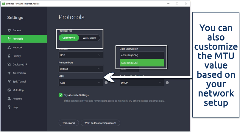 Screenshot of PIA's app dashboard showing the customizable options