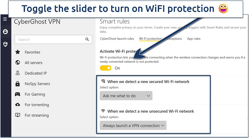Screenshot of CyberGhost VPN Smart Rules enabled