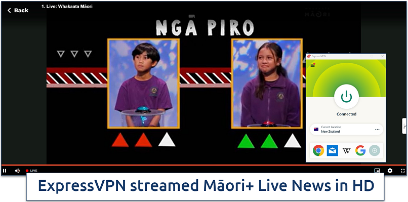 Screenshot of ExpressVPN connected to a server in New Zealand while streaming Māori+ Live