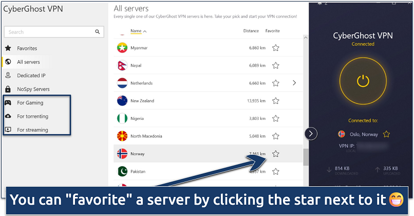 Screenshot of CyberGhost VPN connected to an Oslo, Norway server