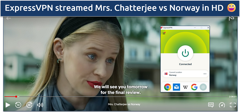 Screenshot of ExpressVPN connected to a Norway server while streaming Mrs. Chatterjee vs Norway on Netflix