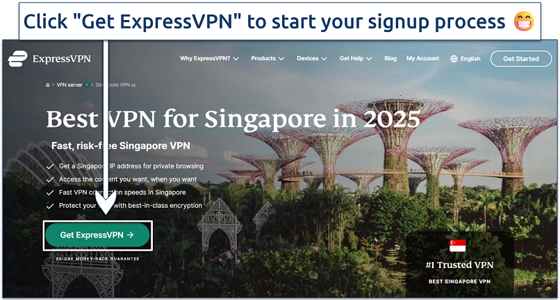 Screenshot of ExpressVPN's website landing page with Get ExpressVPN button in focus