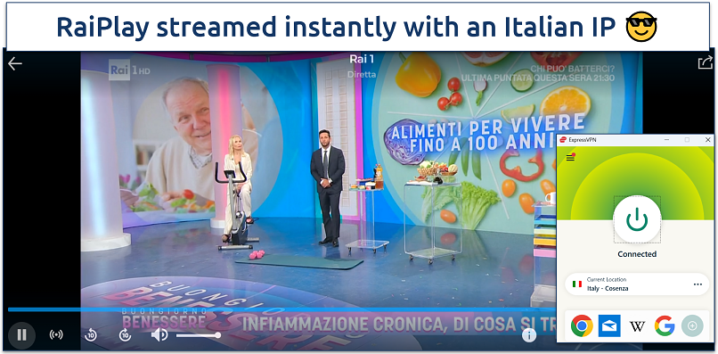 ExpressVPN connected to Italy while streaming RaiPlay live