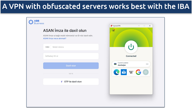 Screenshot of the International Bank of Azerbaijan's online login page being displayed while connected to ExpressVPN's Azerbaijan server