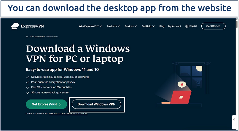 Screenshot of ExpressVPN's website highlighting where to download the Windows app