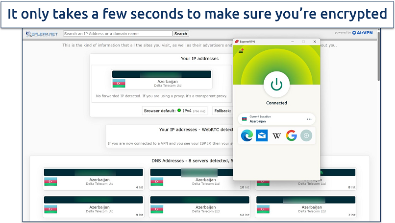 Screenshot of ExpressVPN connected to an Azerbaijain server while leak tests are performed on ipleak.net