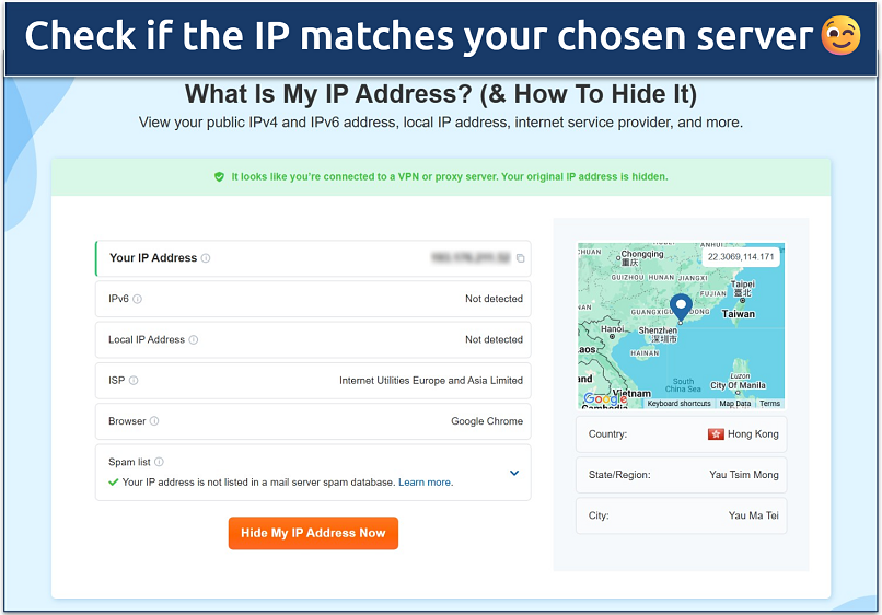 A screenshot with the results of an IP test tool showing success while connected to the ExpressVPN Hong Kong server